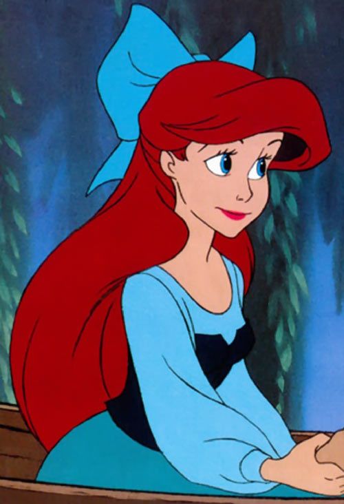 ariel from the little mermaid with red hair and blue eyes, looking to her left