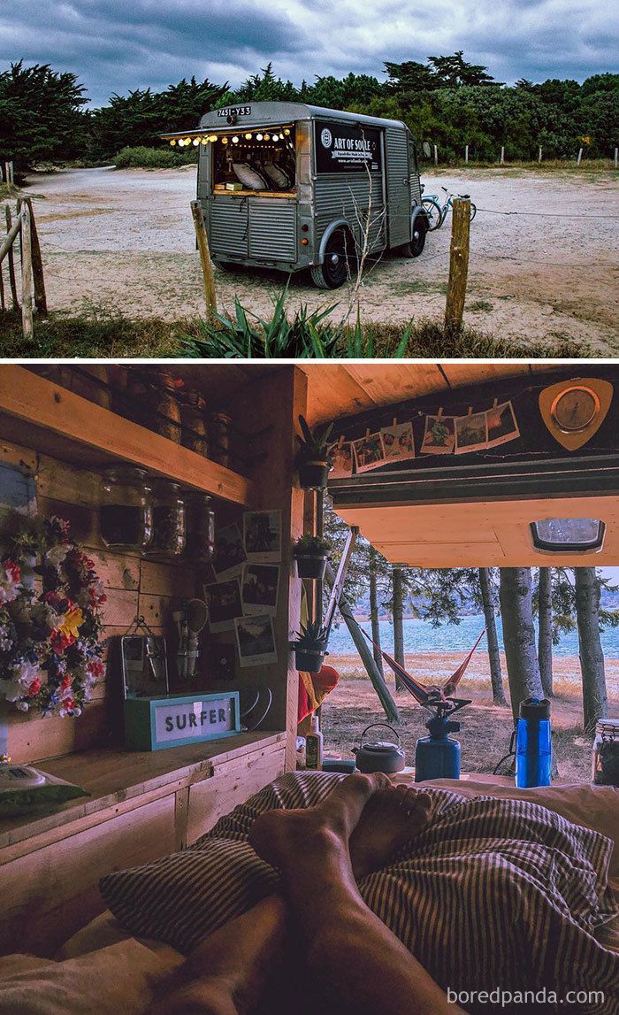 two pictures side by side one has a food truck and the other has a camper