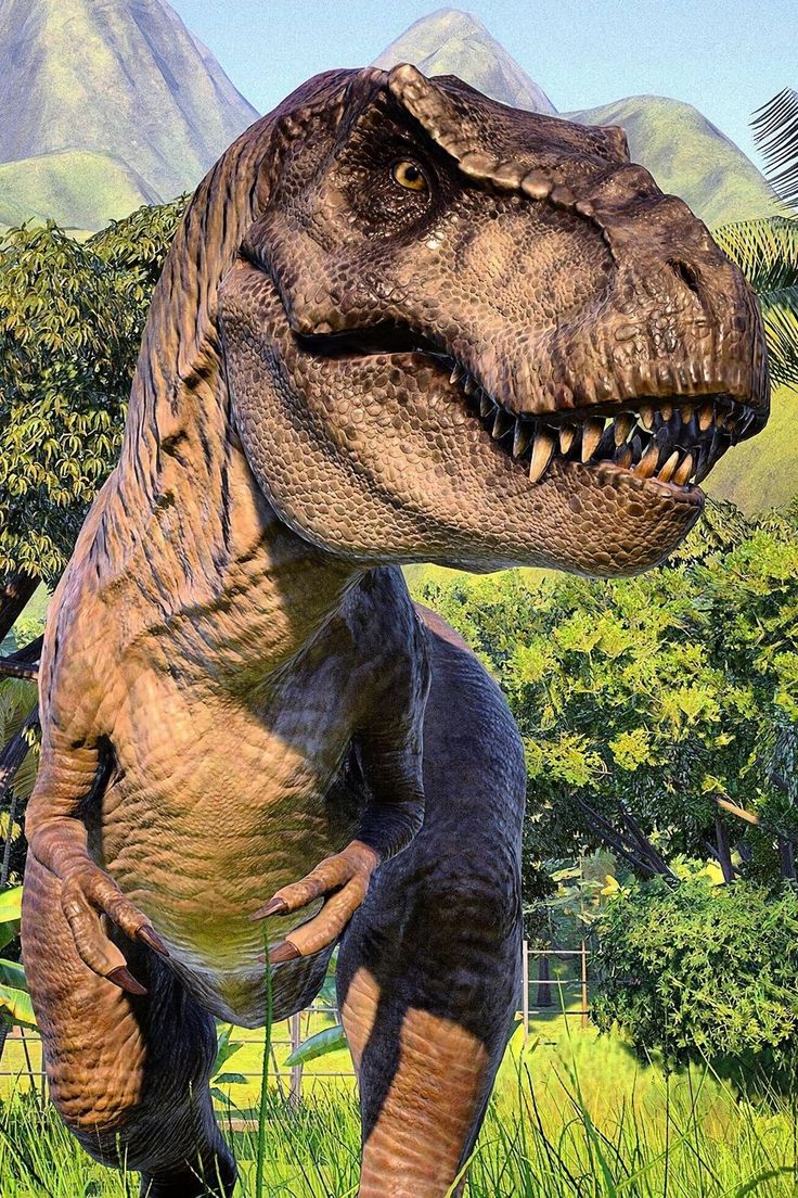 an image of a dinosaur that is standing in the grass with its mouth open and it's tongue out