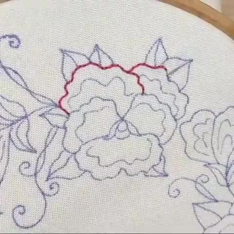 a close up of a cross stitch pattern on a piece of cloth with red thread