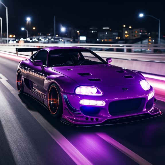 a purple sports car driving down the road at night
