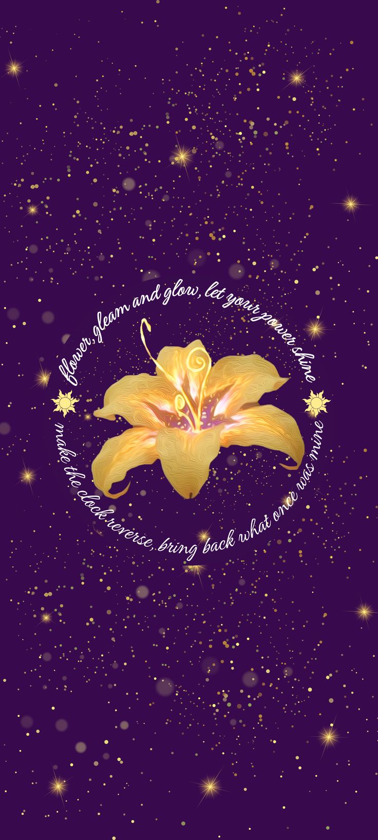 a purple background with gold stars and a yellow flower on the center, surrounded by words that spell out your name