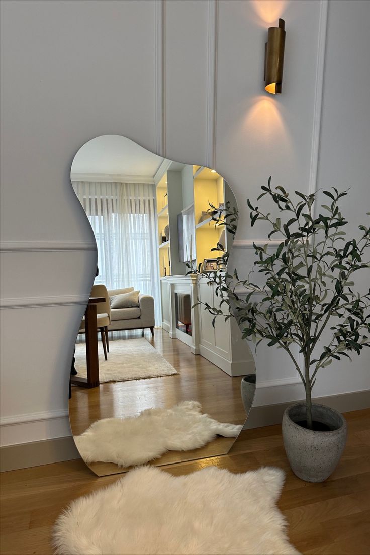 a mirror sitting on top of a wooden floor next to a potted plant