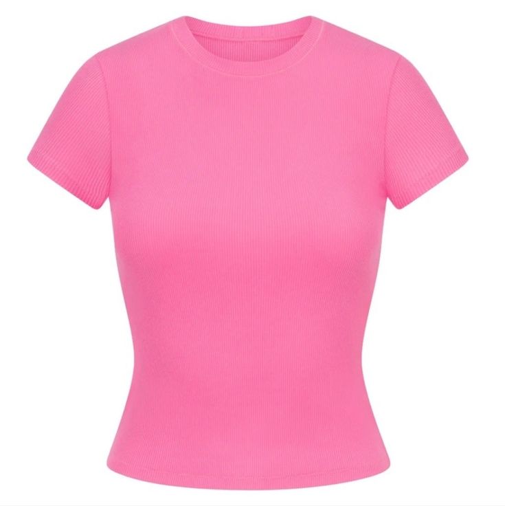 Size: Small Color: Pink/Sugar Pink) Brand: Skims Condition: New Tag Attached Provides That Snatched Look! The Perfect Crewneck Tee, This Breathable, Everyday Classic Is Made With Cool, Comfortable Stretch-Cotton And Finished With Sporty Stitching. Fitted Crew Neck T-Shirt, Special Pickstitch For Added Design Detail 90% Cotton / 10% Spandex Machine Wash Cold, Do Not Bleach, Tumble Dry Low, Cool Iron, Do Not Dry Clean Compression Shirt Women, Slim Fit Crop Top, Pink Brand, T-shirts & Tank Tops, Cotton Tank Top, Pink Shirt, Pink Cotton, Pink Fashion, Jersey T Shirt