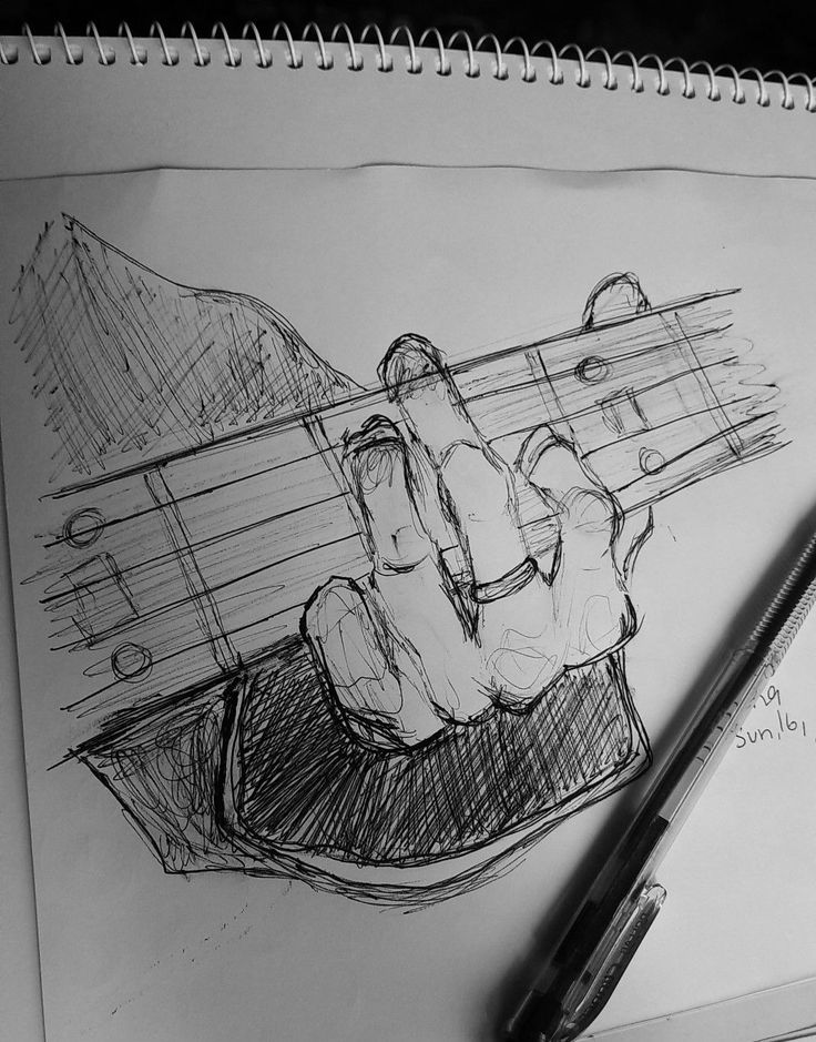 a pencil drawing of a hand holding a guitar pickle with mountains in the background