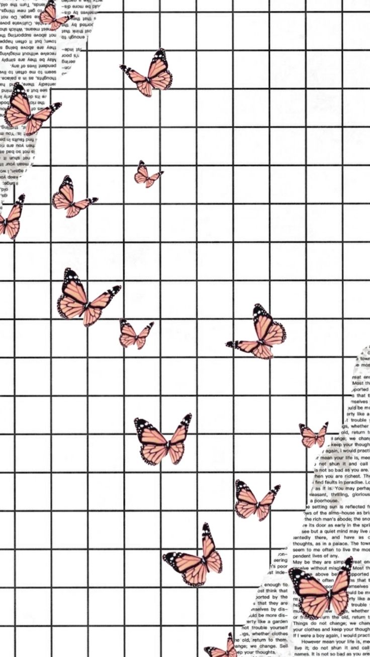 many butterflies on a grid with words written in the middle and one is flying away