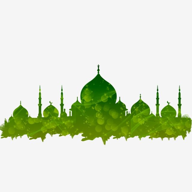 the silhouette of a green mosque on a white background with watercolor splashes in the foreground