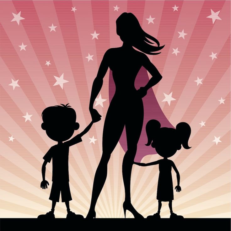 a woman and two children are silhouetted against a pink background with stars in the sky