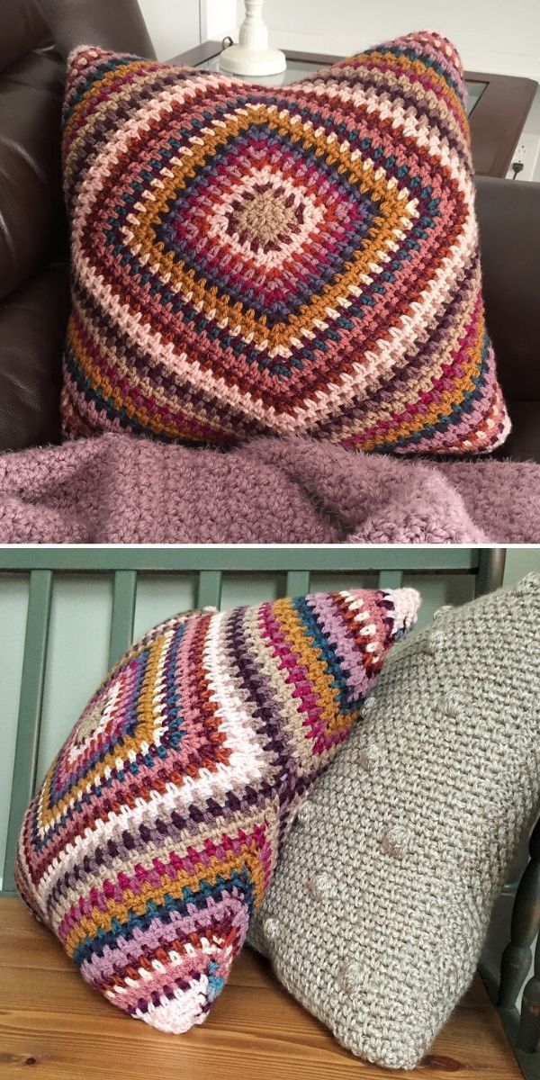 two pillows on a couch, one is made with yarn and the other has crocheted