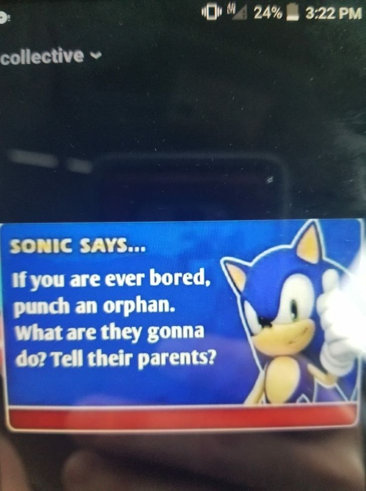 someone holding up a cell phone with the message sonic says if you are ever bored, punch an ophan what are they going to do?