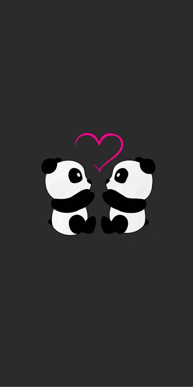 two panda bears holding each other's hands with a heart on the back ground