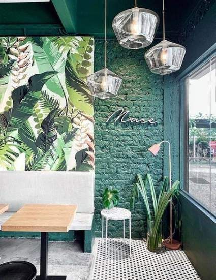 56+ trendy lighting architecture design brick walls #design #lighting Jungle Theme Restaurant, Kaffe Bar, Green Interior Decor, Ikea 2015, Café Design, Jungle Foliage, Architecture Restaurant, Hair Salon Interior, Decoration Restaurant