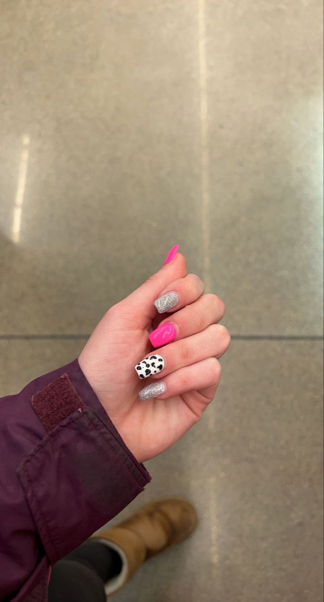 Nails Pink Glitter Cow Print Nails, Country Nails Pink, Cow Print Nails With Glitter, Cow Print Nails With Pink, Pink Disco Cowgirl Nails, Glitter Cow Nails, Hot Pink And Cow Print Nails, Glitter Cow Print Nails, Pink And Cow Print Nails