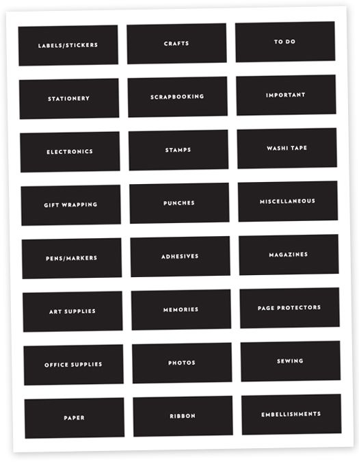 black and white labels with the names of different types of items on them, all labeled in