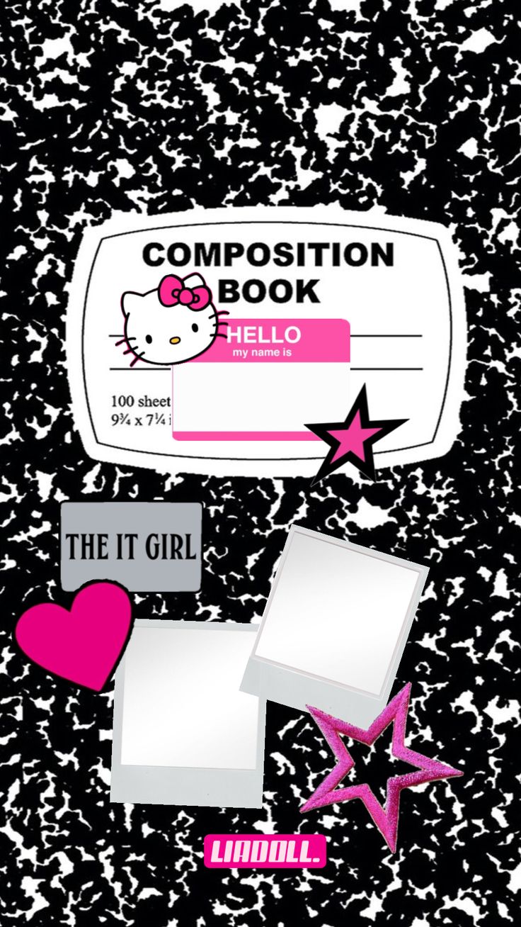 an image of a hello kitty book cover with pink hearts and stars on the side