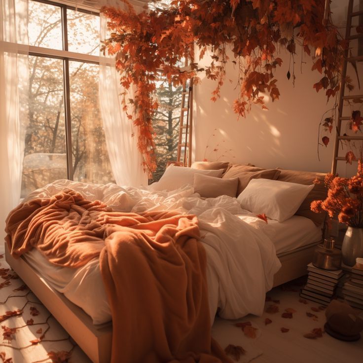an unmade bed in front of a window with leaves on the floor and curtains