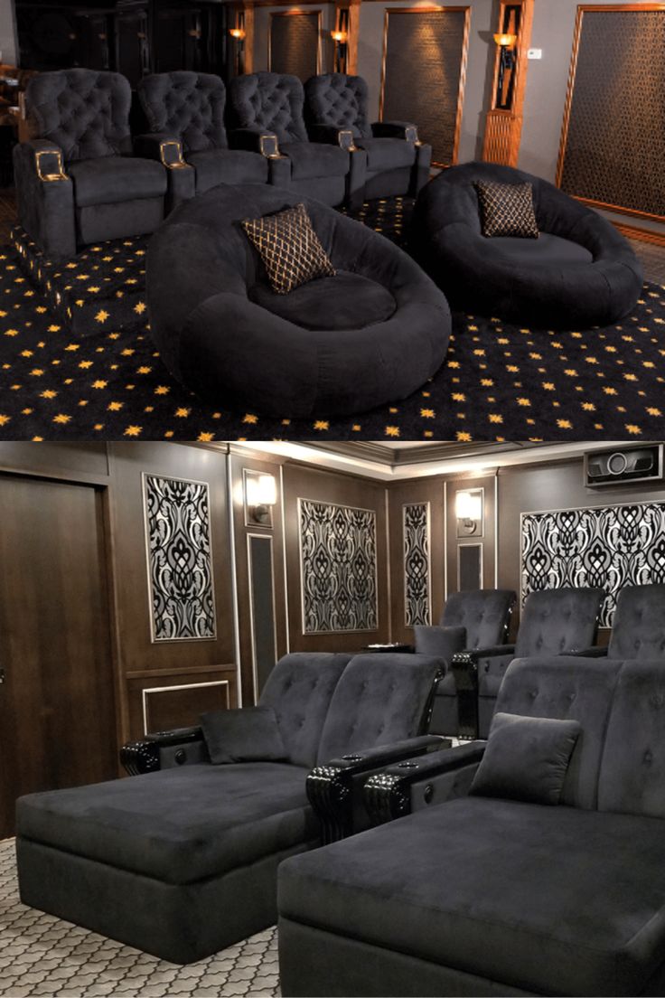 two pictures show the inside of a home theater with black seats and gold accents on the walls