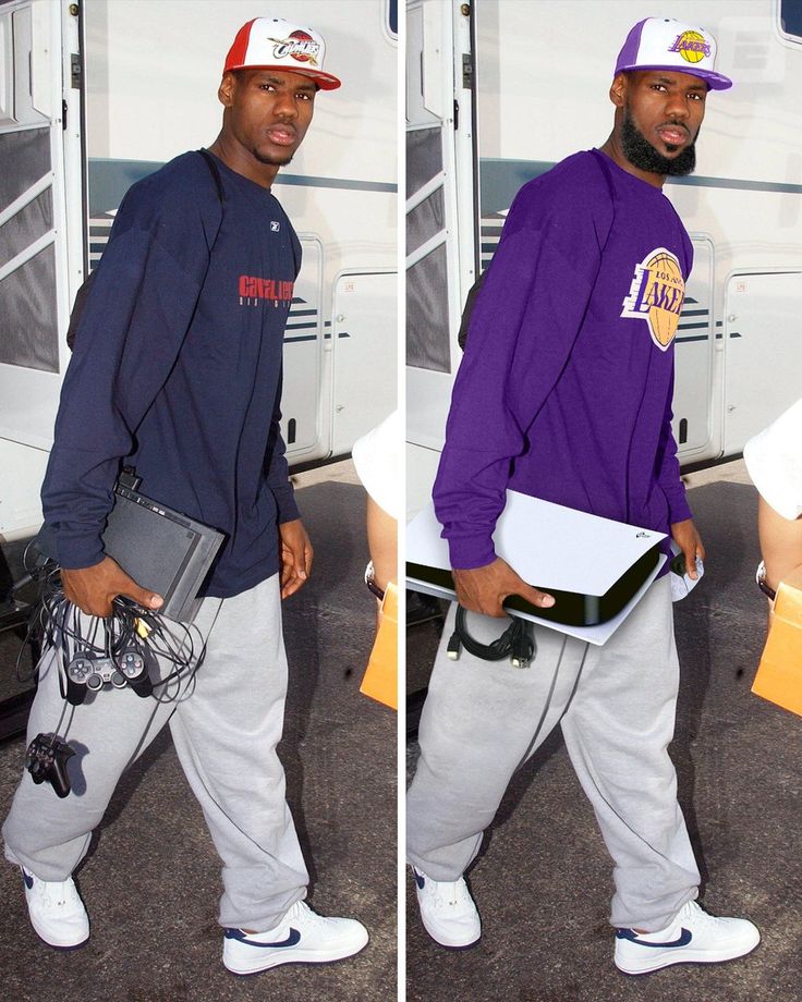 two pictures of a man in purple shirt and white pants carrying boxes while standing next to a bus