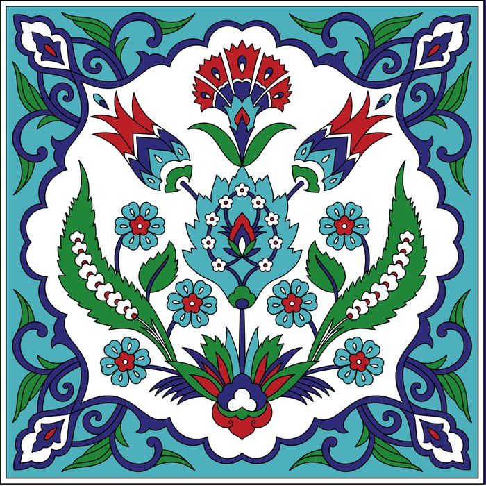 a blue and white tile with red flowers on the bottom, surrounded by green leaves