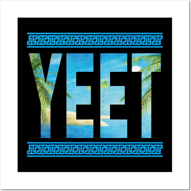the word yet with palm trees and water in the background, on a black background