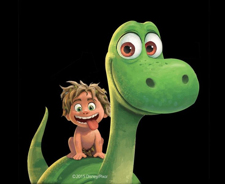 the good dinosaur is sitting on top of a small child's head with big eyes