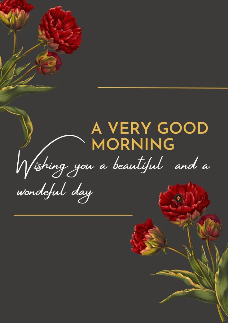 a card with red flowers and the words, a very good morning wishing you a beautiful and wonderful day