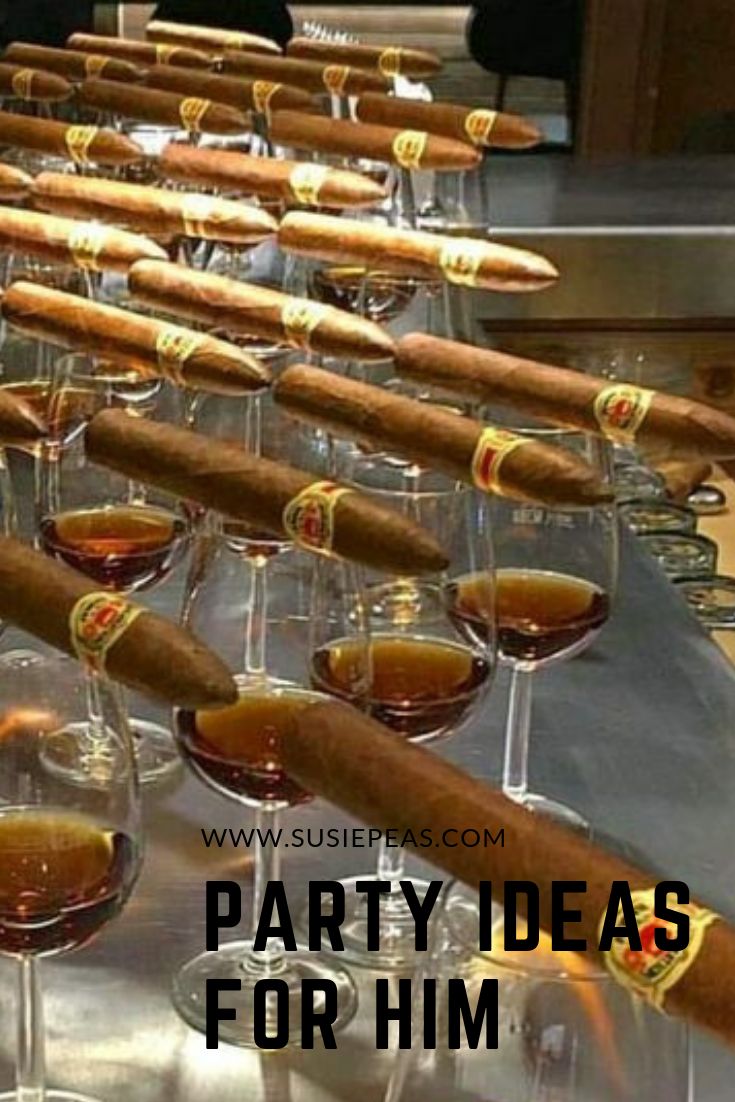 there are many wine glasses and cigars on the table with words party ideas for him
