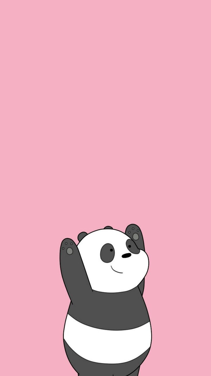 a panda bear standing on its hind legs in front of a pink background