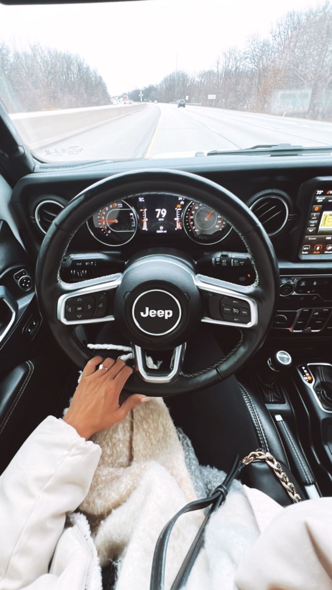 a person driving a car on a snowy day with the steering wheel and dash board