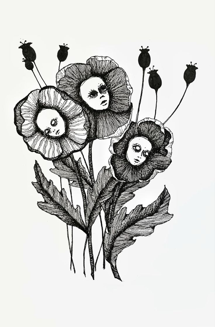 an ink drawing of flowers with faces on them