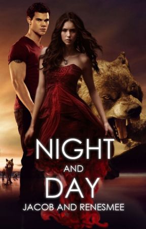 the cover for night and day by jacob and renesse, with an image of a woman in a red dress standing next to a wolf