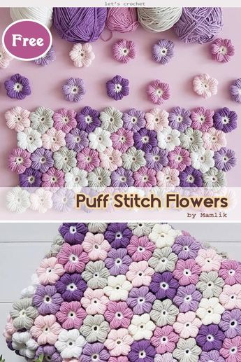 crochet flower pattern with the words puff stitch flowers written in white and purple