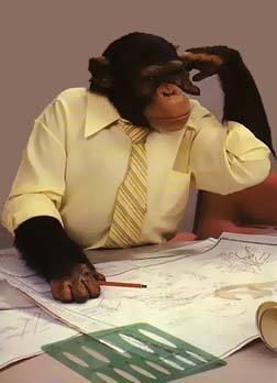 a monkey in a shirt and tie sitting at a desk with some paper on it