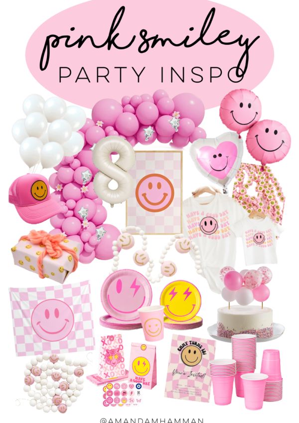 pink and white party items with the words, pink smiley party insp on it