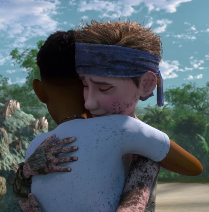 a cartoon image of two people hugging each other in the middle of a jungle area
