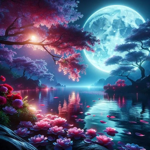 the full moon shines brightly in the night sky over a lake with pink flowers