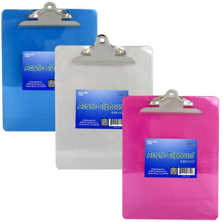 three different colored clipboards with metal clips