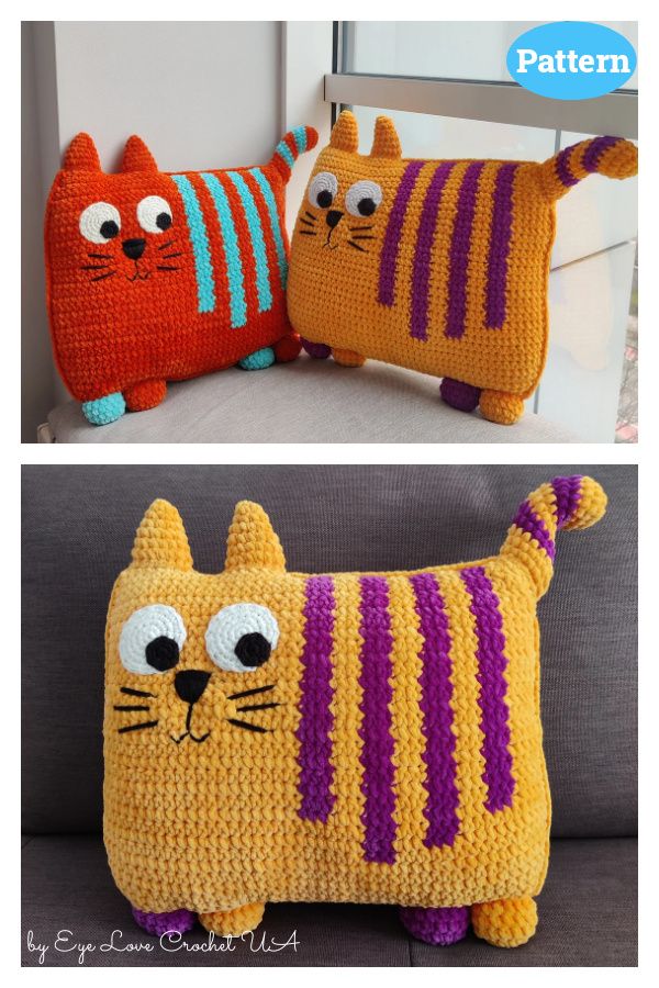 two crocheted pillows made to look like cats, one is orange and the other is purple