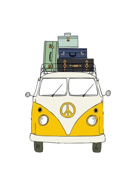 a yellow and white vw bus with suitcases on the roof, sitting in front of a white background