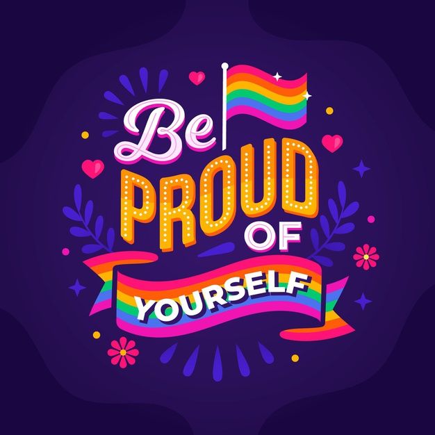 the phrase be proud of yourself on a purple background with rainbows and stars around it