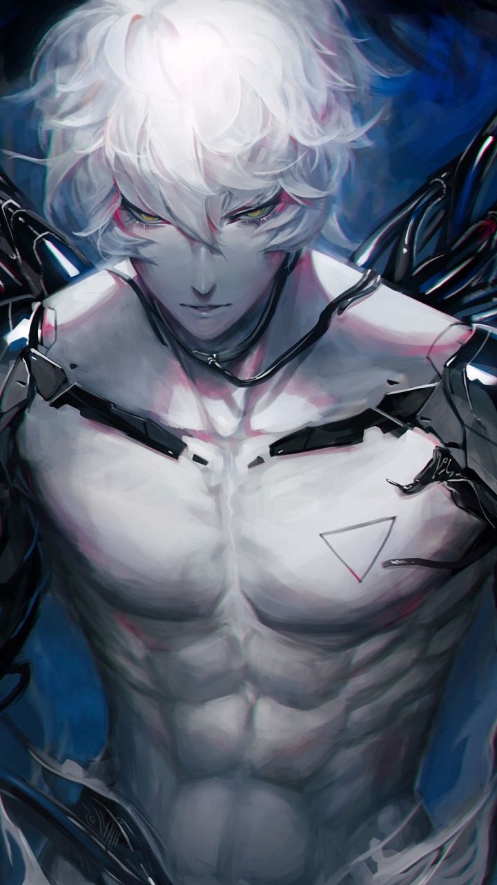 an anime character with white hair and no shirt, holding his hands on his chest