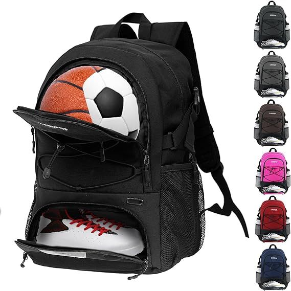 a backpack with a soccer ball inside it