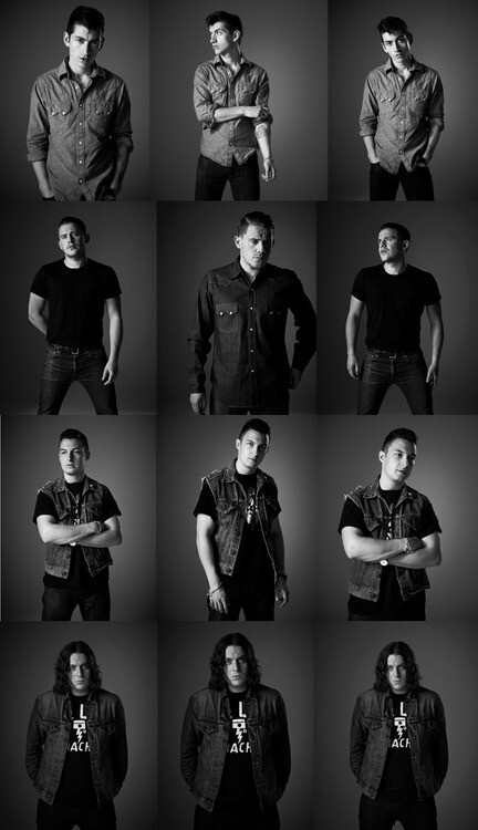 black and white portraits of young men in different poses, with their arms folded up