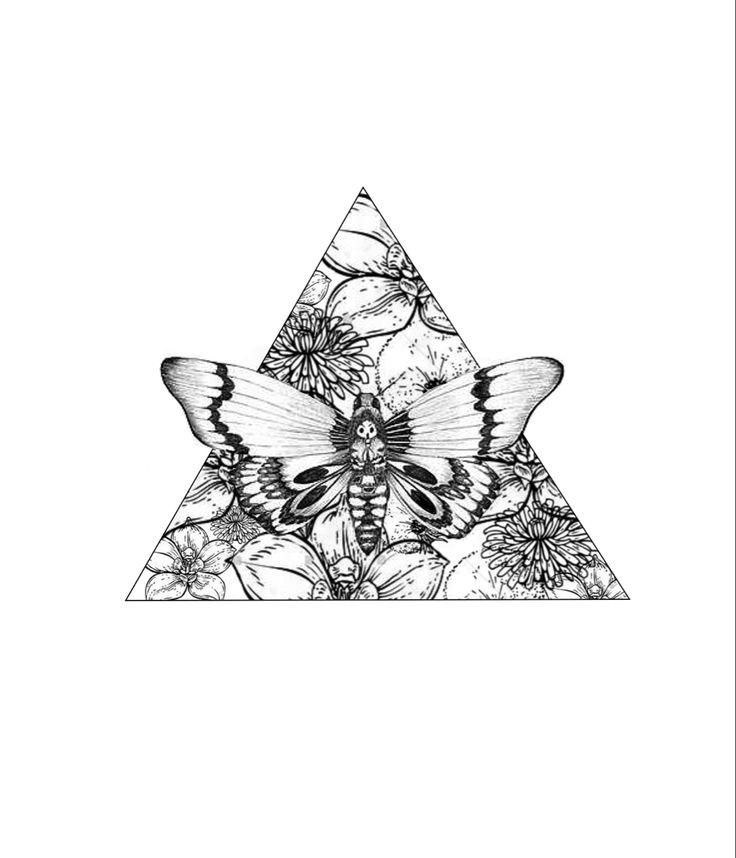 a black and white drawing of a butterfly in a triangle with flowers on the bottom