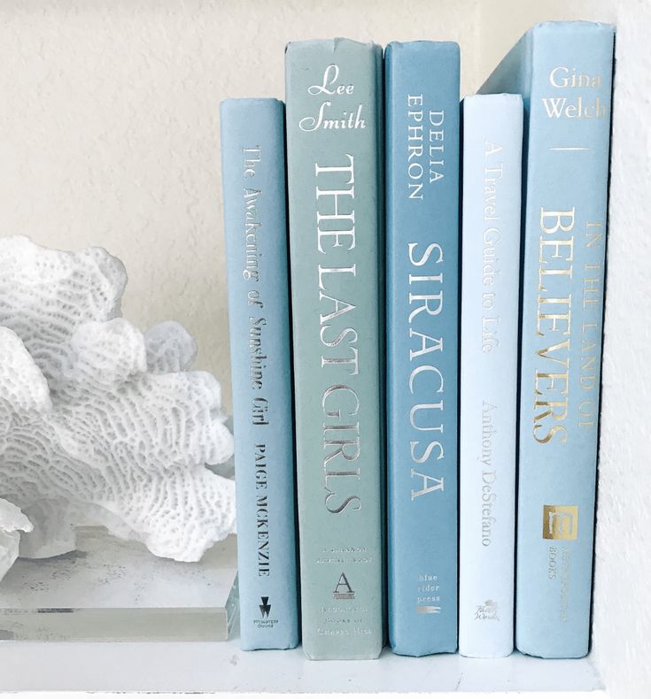 three blue books are sitting on a shelf next to a white vase with flowers in it