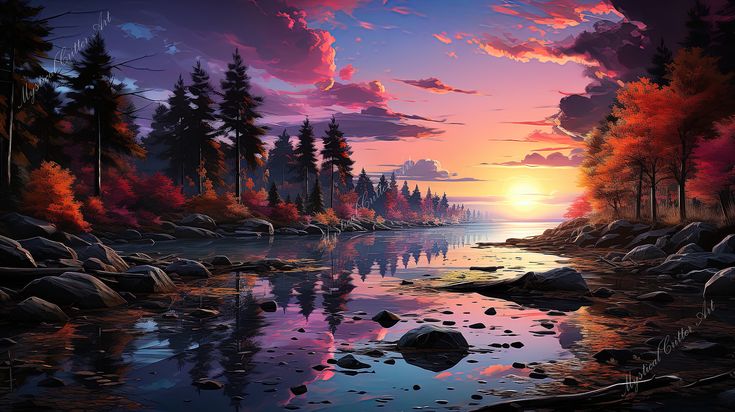 a painting of a sunset over a lake with rocks and trees in the foreground