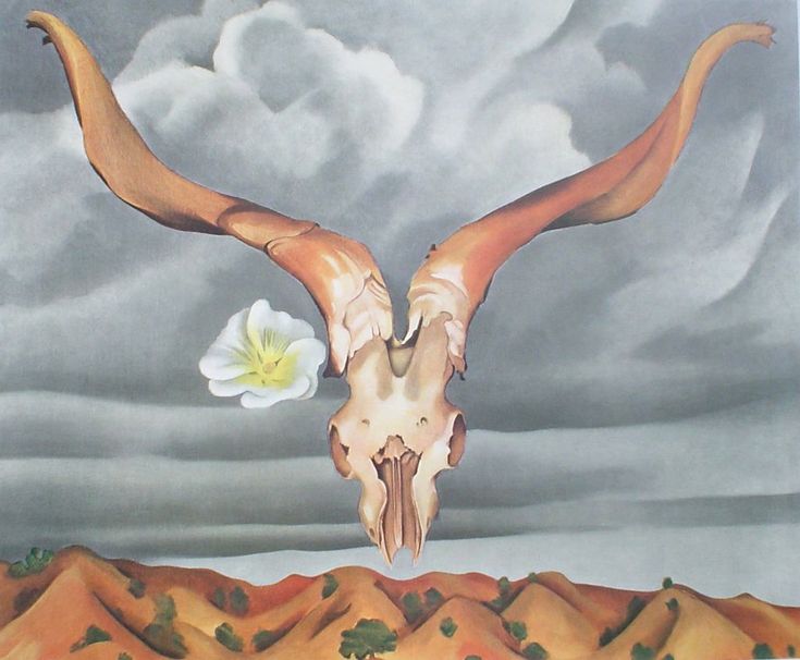 a painting of an animal skull with long horns and a flower in the foreground