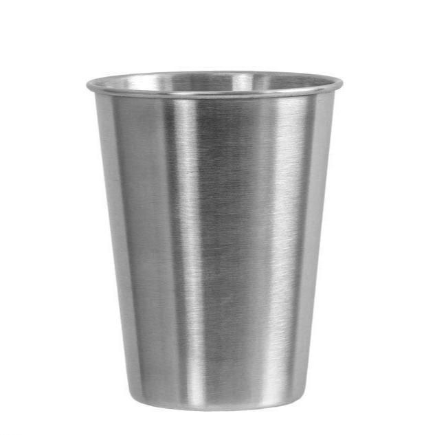 a stainless steel cup is shown on a white background with clipping for the bottom