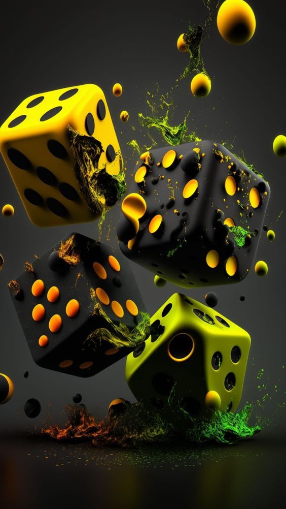 three black and yellow dices are falling into the air