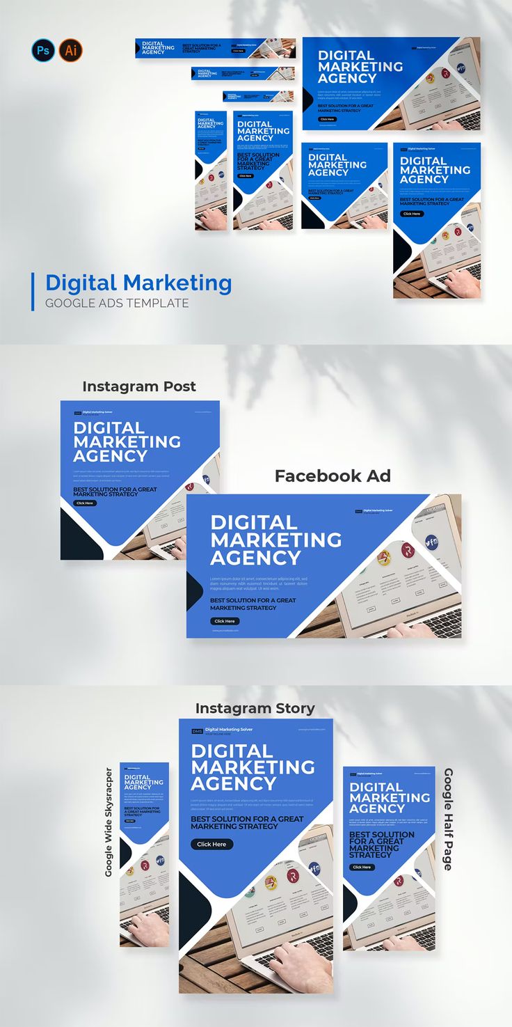 three different banners with blue and white designs on them, one is for digital marketing